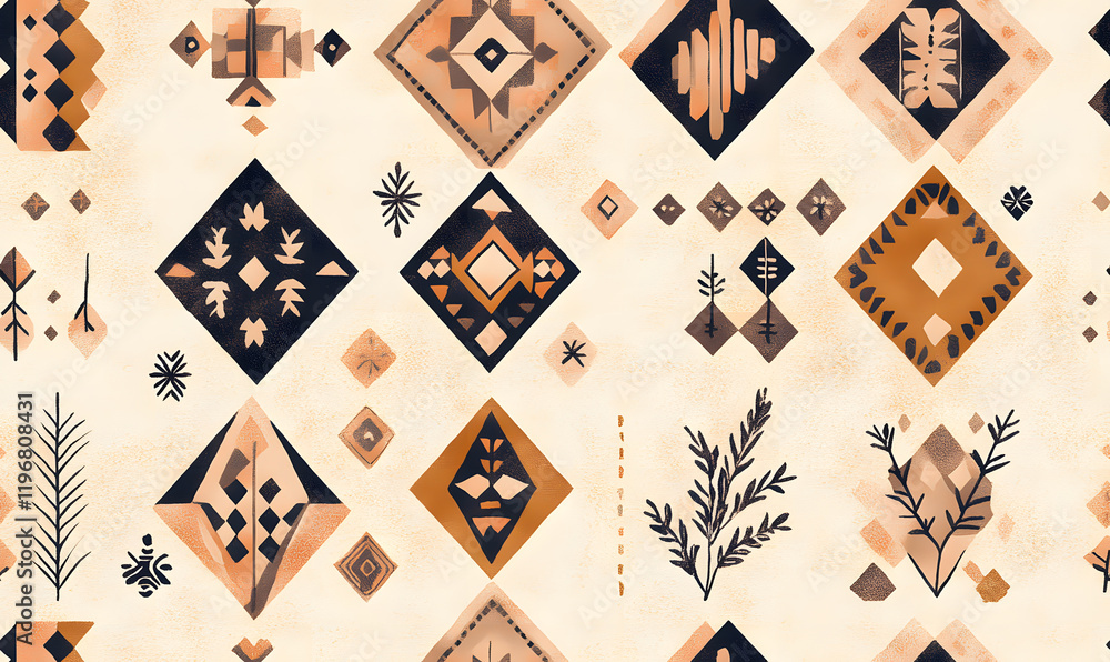Fototapeta premium Seamless Tile Patterns Featuring Intricate Geometric and Floral Motifs, Hand-Drawn Doodles, and Traditional Ethnic Designs in Muted and Vibrant Color Palettes