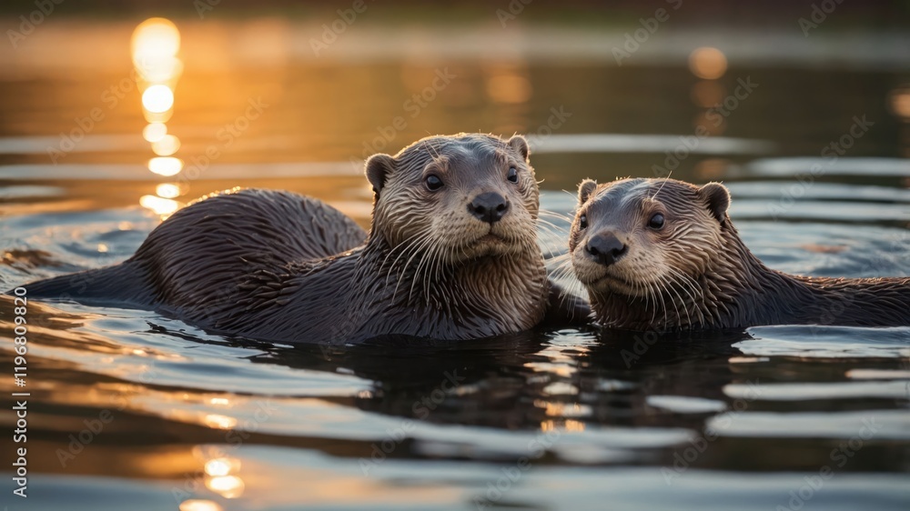 Two otters swimming together in a serene water setting during sunset. Two otters swimming together in a serene water setting during sunset.
