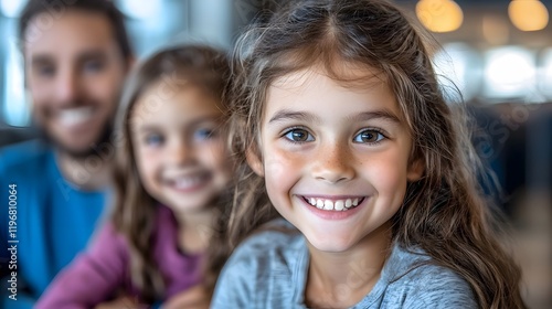 Blissful Family Enjoying Summer Travel by Airplane Towards Overseas Destination   A young girl smiling happily with her father as they prepare for their summer vacation flight