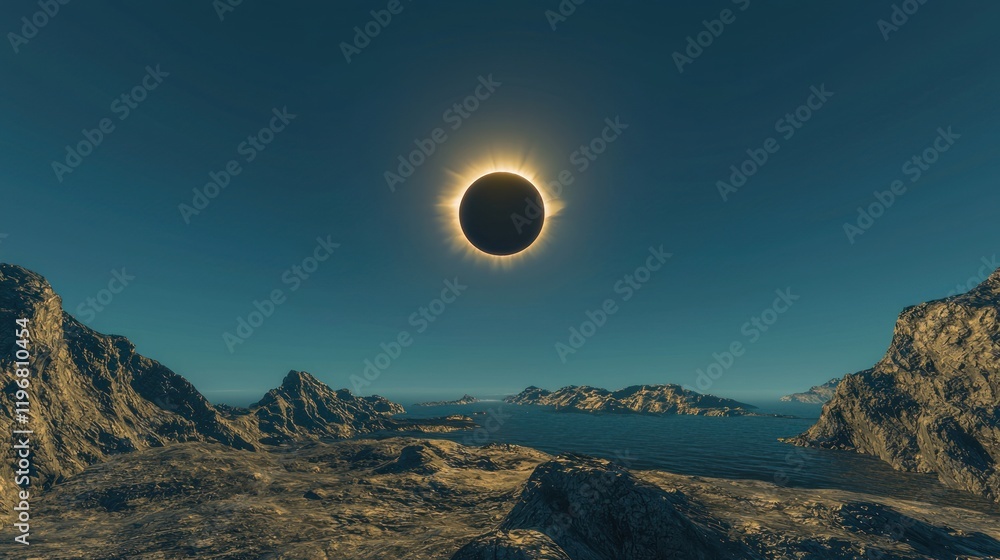 A solar eclipse over a serene coastal landscape. A solar eclipse over a serene coastal landscape.