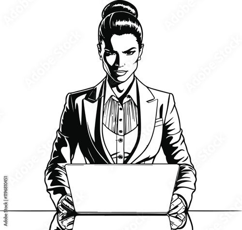 line art in a bold line of successful businesswoman in business clothes using laptop no color background color white 14.eps