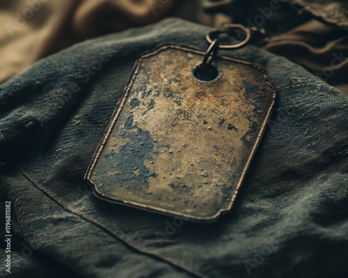 Rustic Military Memorabilia Weathered Dog Tag on Vintage Fabric - Heritage Storytelling for Cinematic Content and Cultural Commemoration Projects photo