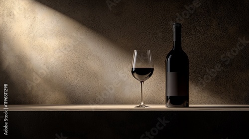 Red wine bottle and glass on wooden shelf with dramatic lighting.