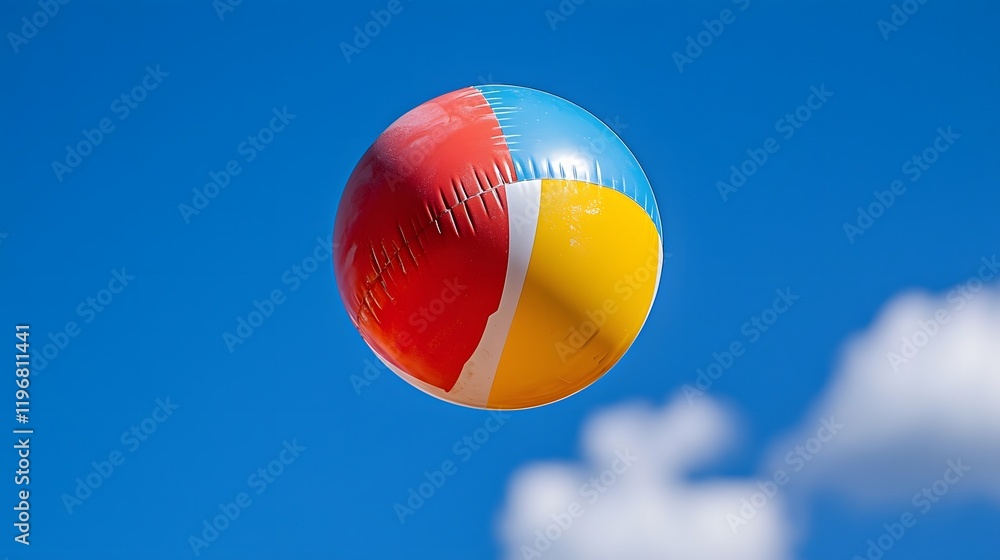 Vibrant Inflatable Beach Ball Being Tossed and Launched High up into the Bright Airy Blue Sky with Fluffy White Clouds Joyful Carefree Summer Recreation and Outdoor Fun Vibrant Inflatable Beach Ball Being Tossed and Launched High up into the Bright Airy Blue Sky with Fluffy White Clouds Joyful Carefree Summer Recreation and Outdoor Fun
