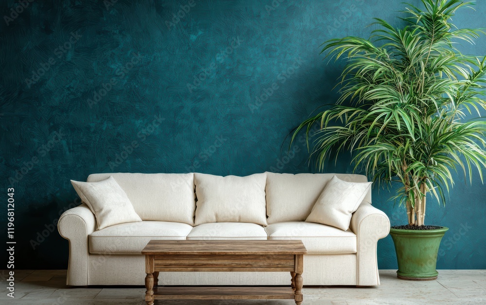 Modern living room with teal blue walls and a cream sofa, complemented by a wooden coffee table and a tall green potted plant in the corner, empty room, copy space background Modern living room with teal blue walls and a cream sofa, complemented by a wooden coffee table and a tall green potted plant in the corner, empty room, copy space background
