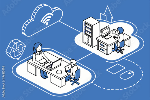 Cloud computing, network diagram, office workers at desks, data server, digital connectivity, information sharing, blue and white color scheme, minimalist illustration, flat design, business technolog