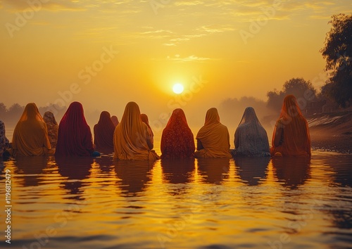 Golden Serenity Chhath Puja Sunrise Over Riverside - Cultural and Spiritual Heritage for Authentic Brand Storytelling and Ethnic Content Marketing photo