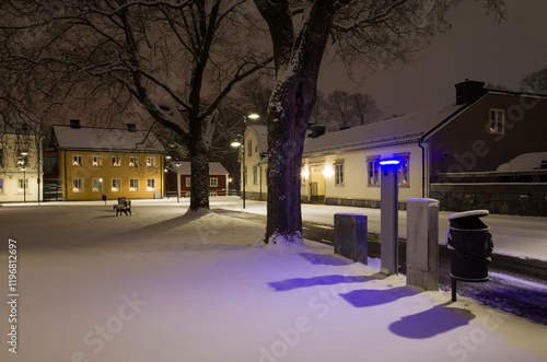 Fototapeta Naklejka Na Ścianę i Meble -  Night city in Scandinavia in winter, Large spreading trees in a small park near low old buildings, shadows from a garbage can and electrical boxes on freshly fallen snow, Västerås, Sweden