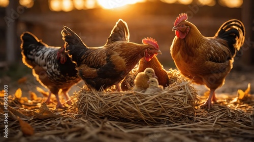 A serene scene of chickens and chicks in a nest during sunset. photo