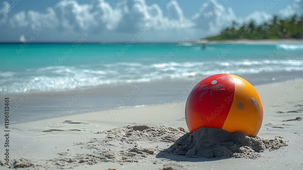 Partially buried beach ball resting in the soft sand with the turquoise ocean waves and picturesque tropical coastline in the background creating a tranquil and idyllic vacation scene Partially buried beach ball resting in the soft sand with the turquoise ocean waves and picturesque tropical coastline in the background creating a tranquil and idyllic vacation scene
