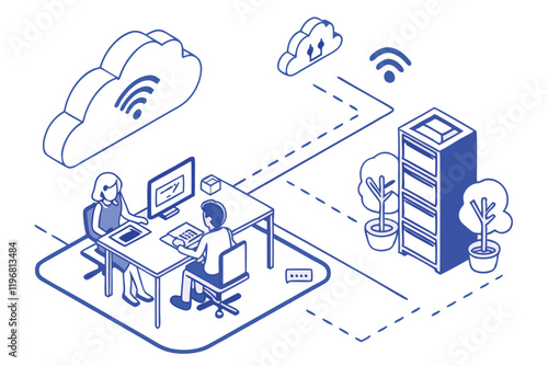 Cloud computing, network diagram, office workers at desks, data server, digital connectivity, information sharing, blue and white color scheme, minimalist illustration, flat design, business technolog