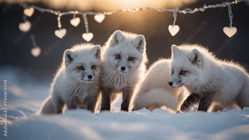 Obraz premium Three playful arctic foxes in a snowy landscape with heart-shaped decorations.