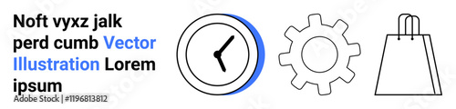 Clock indicating time, gear representing settings or customization, and shopping bag denoting shopping. Ideal for business, technology, customization, e-commerce, time management, marketing website