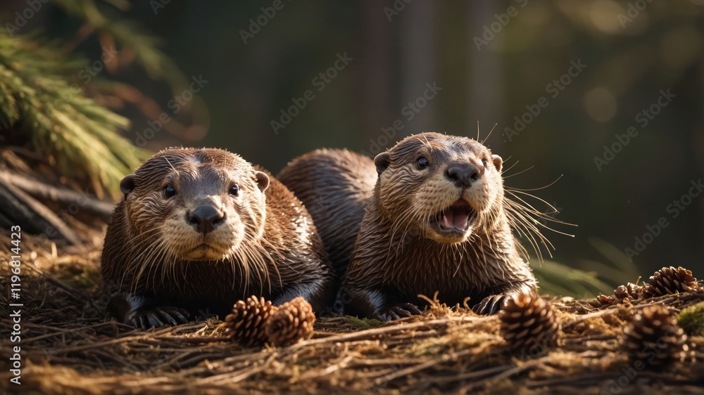 Two playful otters resting among pine cones in a serene forest setting.