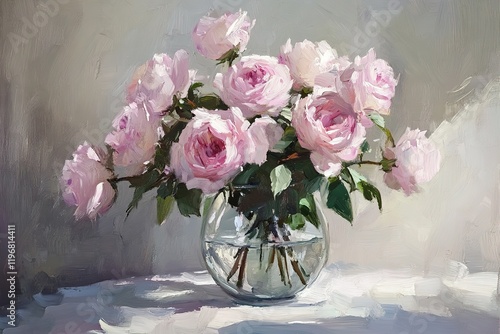 Delicate Pink Roses in a Glass Vase, a Peaceful Still Life