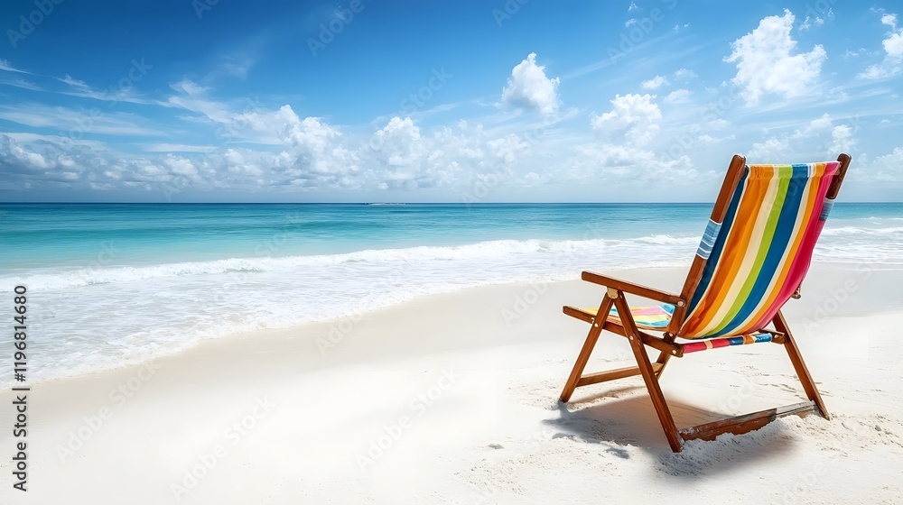A vibrant and eye catching beach chair sits on a pristine white sand beach with gentle waves lapping at the shore and a serene blue sky overhead This picturesque scene invites you to relax unwind A vibrant and eye catching beach chair sits on a pristine white sand beach with gentle waves lapping at the shore and a serene blue sky overhead This picturesque scene invites you to relax unwind