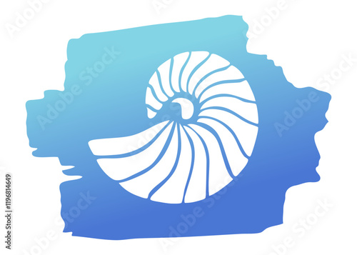 Ilustración de vida marina. Silueta de concha de nautilo en trazo de pincel de pintura azul