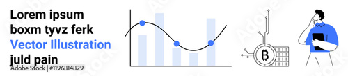 Man with smartphone beside Bitcoin network, bar graph, line chart. Ideal for fintech, data analytics, presentations, cryptocurrency, blockchain, tech startups, financial reports. Landing page