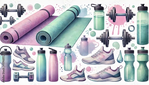 Fitness Gear with Yoga Mats and Dumbbells.