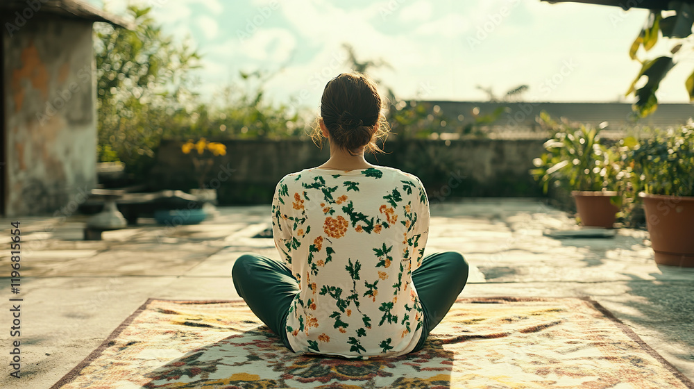 Fototapeta premium Woman meditating outdoors on a sunny day in peaceful garden setting