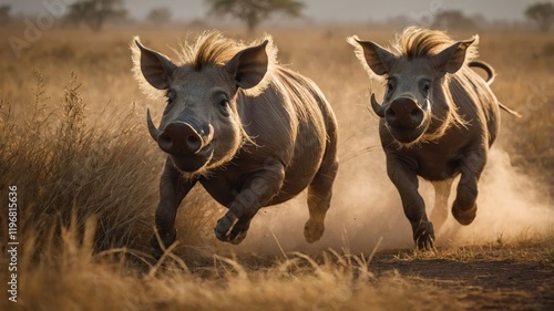 Two warthogs running through tall grass at sunset, creating a dynamic and lively scene.