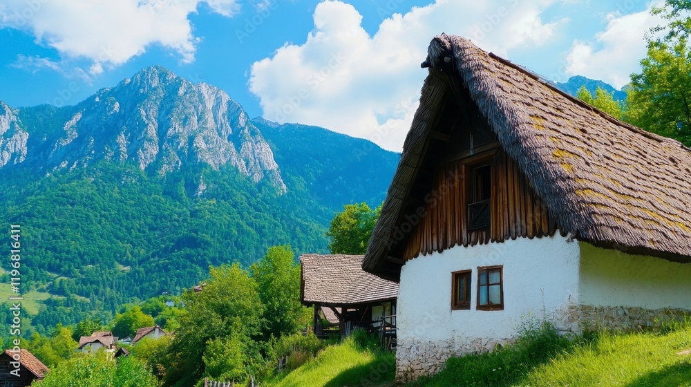 Scenic Mountain Landscape with Traditional Rustic House and Sky Scenic Mountain Landscape with Traditional Rustic House and Sky