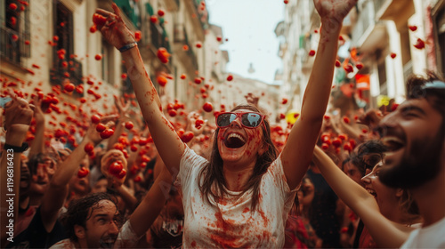 People throw tomatoes enthusiastically at the La Tomatina Festival, the background of city streets filled with red tomatoes and people cheering. photo