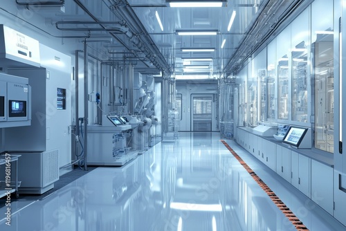 Clean, sterile laboratory corridor with equipment.
