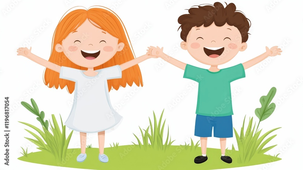 Cheerful children holding hands in a green meadow surrounded by flowers and sunshine embodying the joy of childhood in a vibrant cartoon illustration Cheerful children holding hands in a green meadow surrounded by flowers and sunshine embodying the joy of childhood in a vibrant cartoon illustration