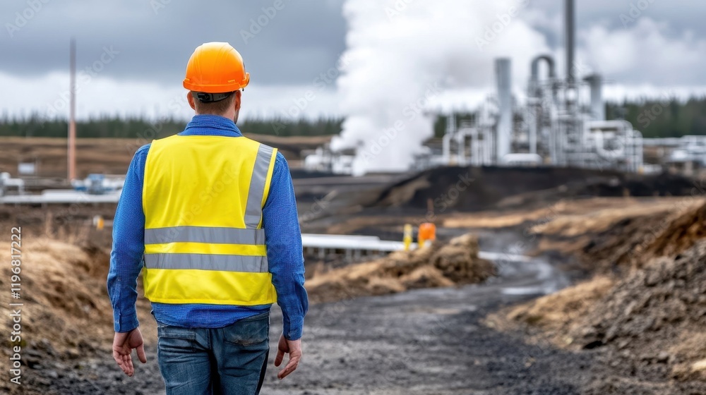 A construction worker in a safety vest and helmet walks along a path toward an industrial site with steam rising in the background. A construction worker in a safety vest and helmet walks along a path toward an industrial site with steam rising in the background.