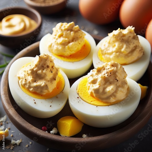 Hard boiled eggs halved and filled with a creamy yolk mixture bl photo