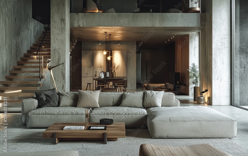 Fototapeta premium Spacious Scandinavian living room with a large light grey sectional sofa and light wood accents