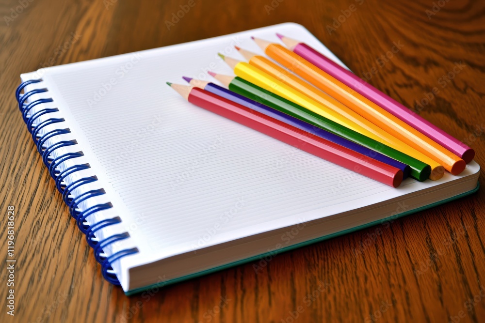 Colorful Pencils Resting on a Blank Spiral Notebook Ready for Creative Ideas and Artistic Expression Colorful Pencils Resting on a Blank Spiral Notebook Ready for Creative Ideas and Artistic Expression