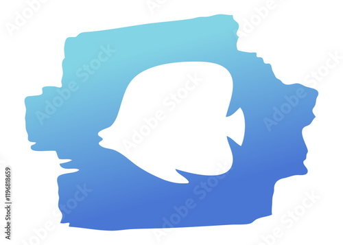 Ilustración de vida marina. Silueta de pez tropical en trazo de pincel de pintura azul	