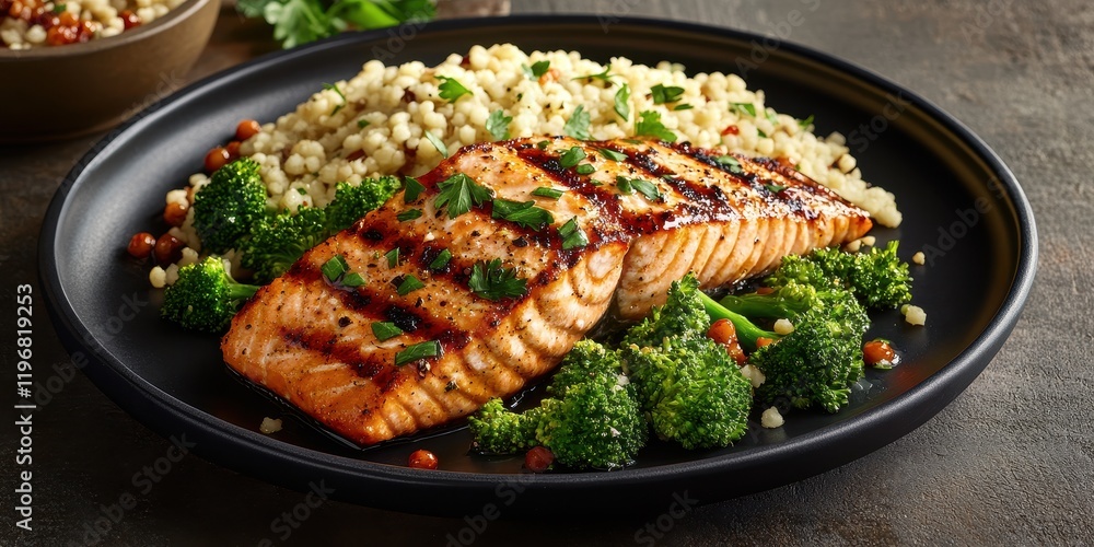Healthy grilled salmon dish with broccoli and couscous home kitchen culinary art natural lighting gourmet cooking Healthy grilled salmon dish with broccoli and couscous home kitchen culinary art natural lighting gourmet cooking