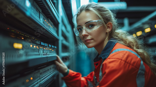 High-Tech Data Center Server Control: IT Specialist Administrator Working on Computer
