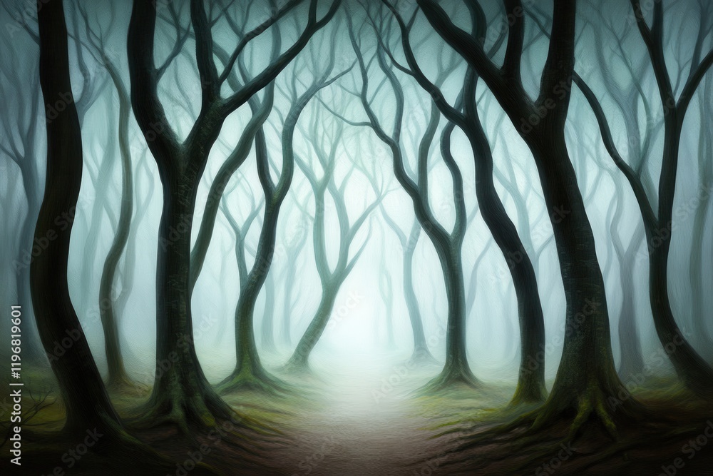 Naklejka premium A misty forest with gnarled trees creates an eerie, enchanting atmosphere, inviting exploration into its mysterious depths.