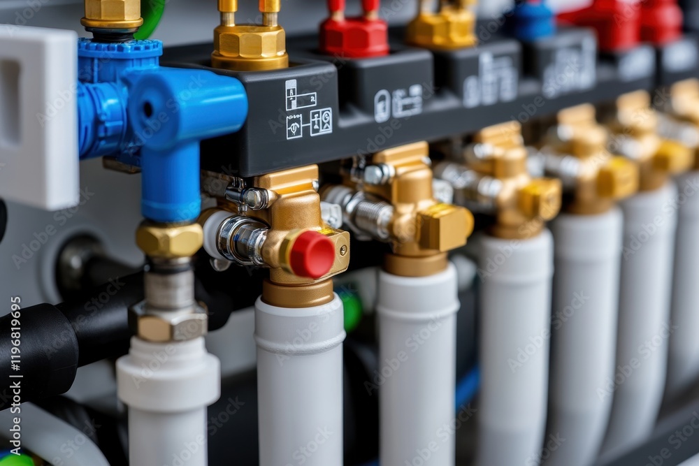 A close-up view of a modern plumbing system featuring various valves and pipes, highlighting intricate connections and vibrant colors. A close-up view of a modern plumbing system featuring various valves and pipes, highlighting intricate connections and vibrant colors.