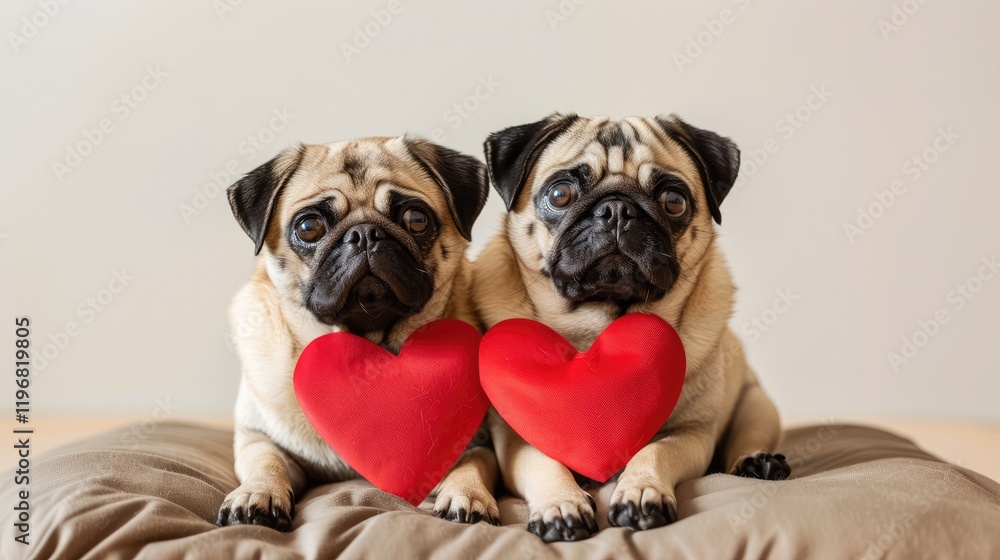 Obraz premium Pugs holding a bright red heart pillow Happy Valentines Day banner. Pets playful expressions embody joy and affection in a warm indoor setting. Dogs romantic background.