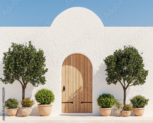 Mediterranean inspired white building with archway and two orange trees in a serene courtyard showcasing architectural elegance cultural heritage and tranquil design photo