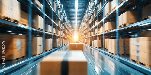 Inside look of a modern warehouse with blurry moving boxes, Inside look of a modern warehouse with blurry moving boxes, depicting swift logistics and supply chain movement  depicting swift logistics a photo