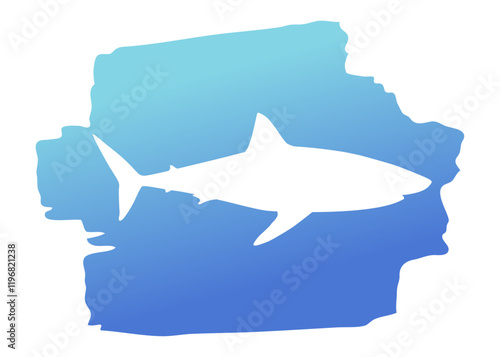 Ilustración de vida marina. Silueta de tiburón en trazo de pincel de pintura azul