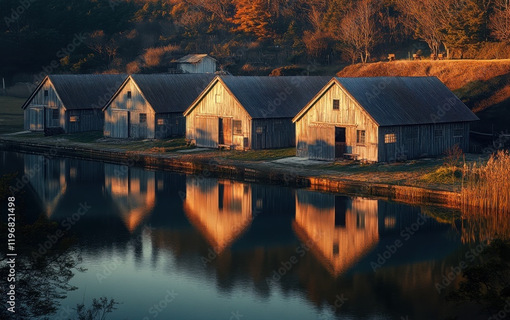 Fototapeta premium A peaceful bird's-eye view of a row of barnhouses beside a lake, with the soft golden hues of evening light illuminating the rustic structures. 