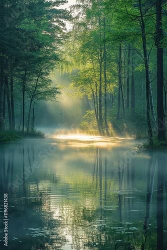 At dawn, a peaceful forest lake emerges, its surface gently shimmering with soft reflections. Lush greenery surrounds the water, while a tranquil mist adds an ethereal touch to the serene landscape