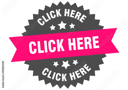 click here. click here round pink label isolated on transparent background