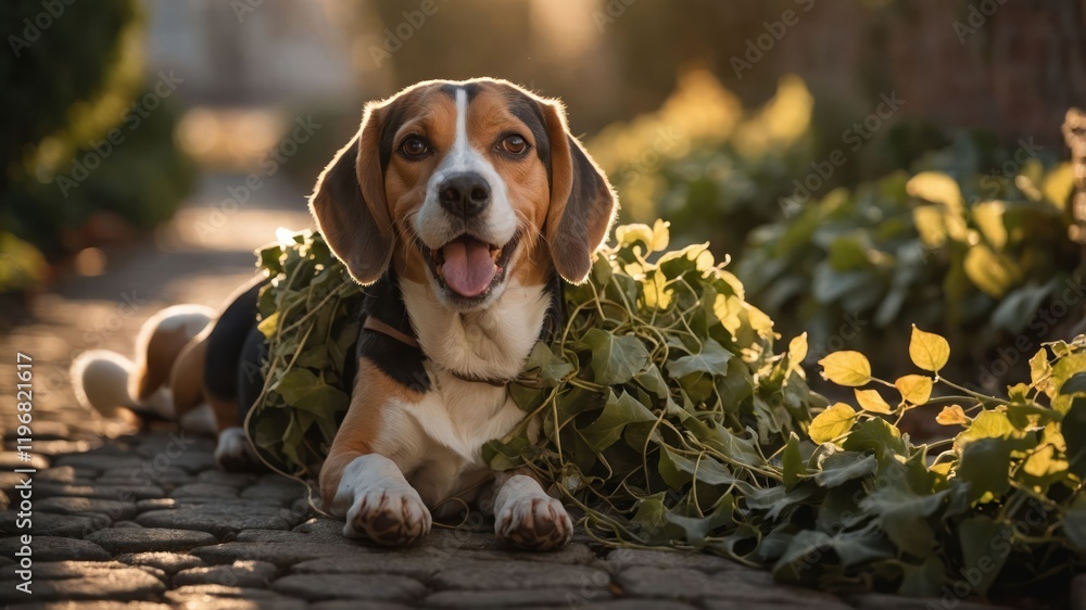 A happy beagle lying on a path, adorned with greenery in warm sunlight. A happy beagle lying on a path, adorned with greenery in warm sunlight.