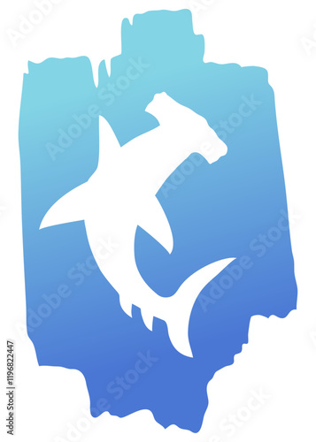 Ilustración de vida marina. Silueta de tiburón martillo en trazo de pincel de pintura azul