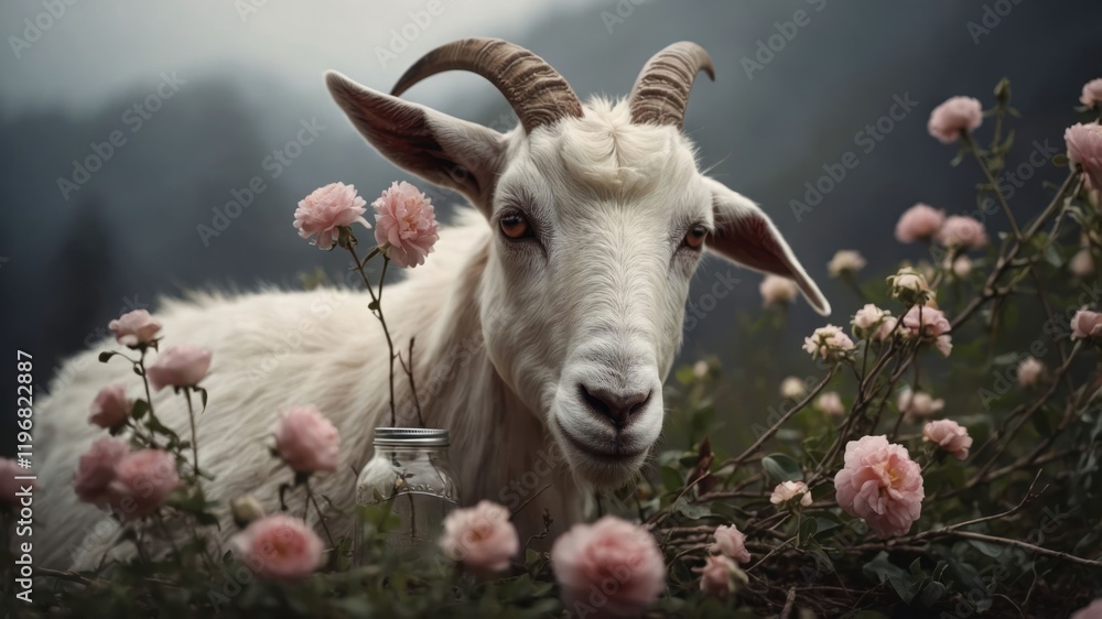 Fototapeta premium A goat surrounded by pink roses in a serene landscape.