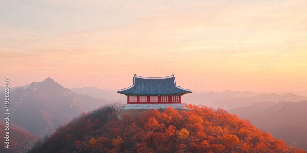 Fototapeta premium Temple, Temple on Autumn Hillside at Sunset, Ancient Architecture, Tranquil Setting with Golden Glow, Traditional Korean Heritage, Vibrant Foliage, Cultural Tourism, Spiritual Retreat