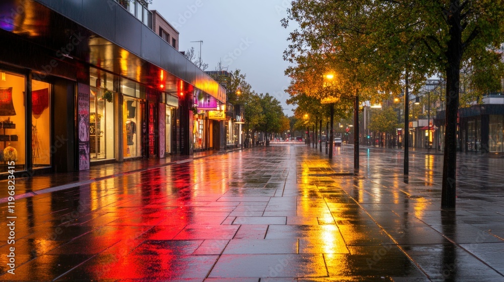 Vibrant city boulevard with glowing storefronts reflected on rain soaked pavement Vibrant city boulevard with glowing storefronts reflected on rain soaked pavement